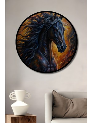 Teona Ahşap Çerçeve Görünümlü Gızemlı Ateş Atı Dekoratif Ahşap Mdf Ev Duvar Tablo Yuvarlak Ev Duvar Tablo