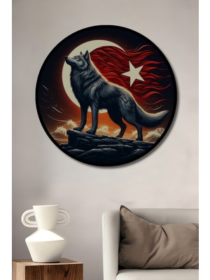 Teona Ahşap Çerçeve Görünümlü Bozkurt Ay Yıldız Ahşap Mdf Dekoratif Ev Duvar Tablo Yuvarlak Ev Duvar Tablo