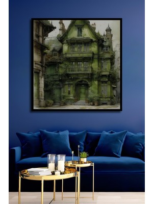 Teona Ahşap Çerçeve Görünümlü Büyülü Yeşil Konak Ahşap Mdf Dekoratif Ev Duvar Tablo Dikdörtgen Ev Duvar Tablo