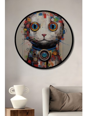 Teona Ahşap Çerçeve Görünümlü Renkli Modern Kedi Dekoratif Ahşap Mdf Ev Duvar Tablo Yuvarlak Ev Duvar Tablo