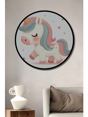 Teona Ahşap Çerçeve Görünümlü Unicorn Masalı Dekoratif Ahşap Mdf Ev Duvar Tablo Yuvarlak Ev Duvar Tablo