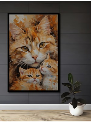 Teona Ahşap Çerçeve Görünümlü Kedi Ailesi Dekoratif Ahşap Mdf Ev Duvar Tablo Dikdörtgen Ev Duvar Tablo