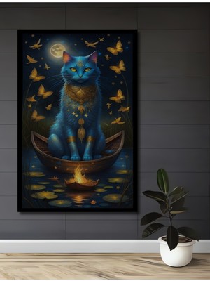 Teona Ahşap Çerçeve Görünümlü Mistik Mavi Kedi ve Kelebekler Dekoratif Ahşap Mdf Tablo Dikdörtgen Tablo