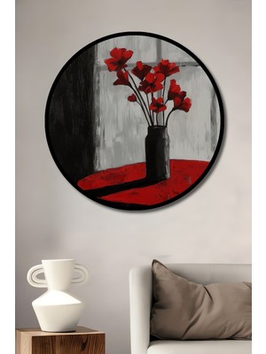 Teona Ahşap Çerçeve Görünümlü Kırmızı Çiçekler Dekoratif Ahşap Mdf Ev Duvar Tablo Yuvarlak Ev Duvar Tablo