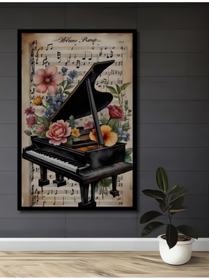 Teona Ahşap Çerçeve Görünümlü Çiçekler ve Piyano Dekoratif Ahşap Mdf Ev Duvar Tablo Dikdörtgen Ev Duvar Tablo