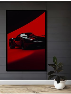 Teona Ahşap Çerçeve Görünümlü Kırmızı Zemin Üzerinde Şık Siyah Spor Araba Ahşap Mdf Tablo Dikdörtgen Tablo