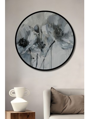 Teona Ahşap Çerçeve Görünümlü Siyah Beyaz Çiçekler Dekoratif Ahşap Mdf Ev Duvar Tablo Yuvarlak Ev Duvar Tablo