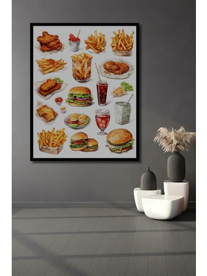 Teona Ahşap Çerçeve Görünümlü Dekoratif Ahşap Mdf Tablo Fast Food Lezzetleri Festivali Dikdörtgen Tablo