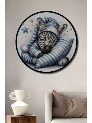 Teona Ahşap Çerçeve Görünümlü Uyuyan Zebra Çizimi Dekoratif Ahşap Mdf Ev Duvar Tablo Yuvarlak Ev Duvar Tablo