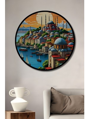 Teona Ahşap Çerçeve Görünümlü Istanbul Manzarası Ahşap Mdf Dekoratif Ev Duvar Tablo Yuvarlak Ev Duvar Tablo