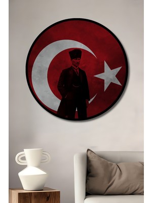Teona Ahşap Çerçeve Görünümlü Atatürk Türk Bayrağı Ahşap Mdf Dekoratif Ev Duvar Tablo Yuvarlak Ev Duvar Tablo