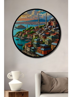 Teona Ahşap Çerçeve Görünümlü Istanbul Manzarası Dekoratif Ahşap Mdf Ev Duvar Tablo Yuvarlak Ev Duvar Tablo