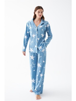 Moda Serdem Modaserdem  Kadın Mavi Yıldız Desenli Düğmeli Pamuklu Pijama Takımı