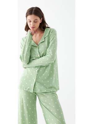 Modaserdem  Kadın Yeşil Kalp Desenli Düğmeli Pamuklu Pijama Takımı