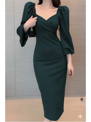 Arben Boutique Kadın Uzun Kollu Kalp Yakalı Midi Ithal Krep Elbise