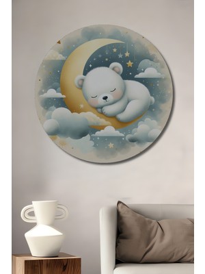 Teona Ahşap Ay Üzerinde Uyuyan Sevimli Ayıcık Ahşap Mdf Dekoratif Tablo Yuvarlak Tablo