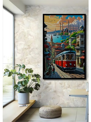 Teona Ahşap Çerçeve Görünümlü Istanbul Nostaljik Tramvay Ahşap Mdf Dekoratif Tablo Dikdörtgen Tablo