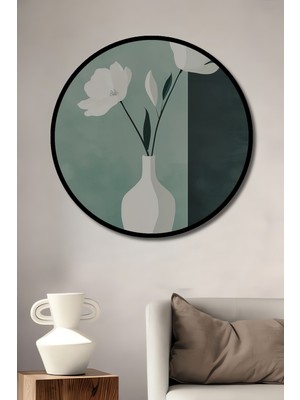 Teona Ahşap Çerçeve Görünümlü Zarif Beyaz Çiçekler Dekoratif Ahşap Mdf Ev Duvar Tablo Yuvarlak Ev Duvar Tablo