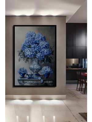 Teona Ahşap Çerçeve Görünümlü Mavi Ortanca Çiçek Aranjmanı Dekoratif Ahşap Mdf Tablo Dikdörtgen Tablo