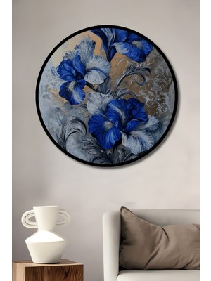 Teona Ahşap Çerçeve Görünümlü Mavi Iris Çiçeği Ahşap Mdf Dekoratif Ev Duvar Tablo Yuvarlak Ev Duvar Tablo