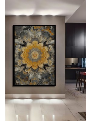 Teona Ahşap Çerçeve Görünümlü Altın Çiçek Mandala Dekoratif Ahşap Mdf Ev Duvar Tablo Dikdörtgen Ev Duvar Tablo