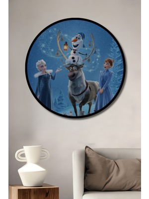 Teona Ahşap Çerçeve Görünümlü Elsa Anna Olaf Karla Buluşma Dekoratif Ahşap Mdf Tablo Yuvarlak Tablo