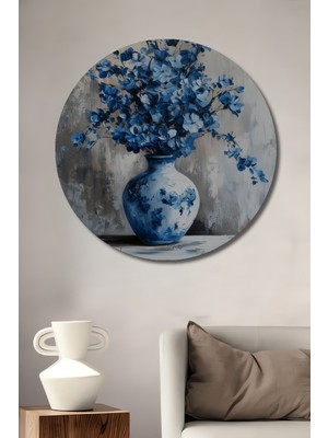 Teona Ahşap Mavi Çiçekli Vazo Dekoratif Ahşap Mdf Ev/işyeri Duvar Tablo Yuvarlak Ev/işyeri Duvar Tablo