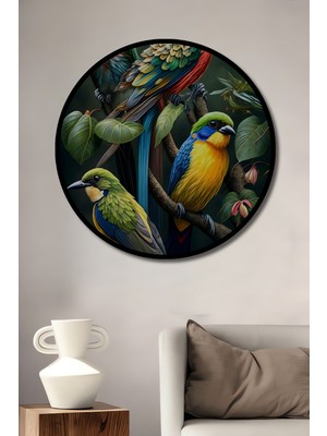 Teona Ahşap Çerçeve Görünümlü Renkli Kuşlar Dekoratif Ahşap Mdf Ev Duvar Tablo Yuvarlak Ev Duvar Tablo