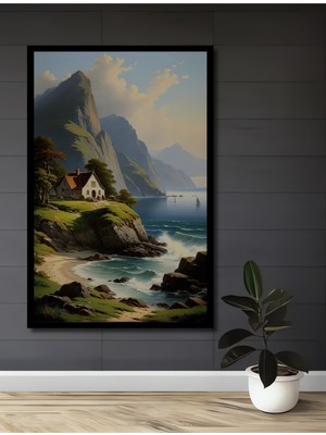 Teona Ahşap Çerçeve Görünümlü Dağ Manzaralı Deniz Kıyısı Ahşap Mdf Dekoratif Tablo Dikdörtgen Tablo