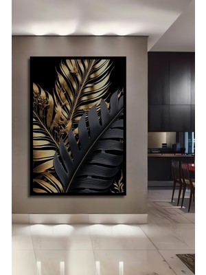 Teona Ahşap Çerçeve Görünümlü Siyah Altın Tropikal Yapraklar Dekoratif Ahşap Mdf Tablo Dikdörtgen Tablo