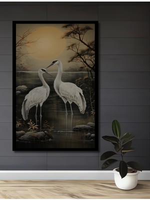 Teona Ahşap Çerçeve Görünümlü Dekoratif Ahşap Mdf Tablo Zarif Turna Kuşları Gölet Manzarası Dikdörtgen Tablo