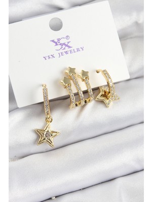 Evyora Pirinç Zirkon Taşlı Sallantılı Yıldız Model Gold Renk 3'lü Kadın Küpe