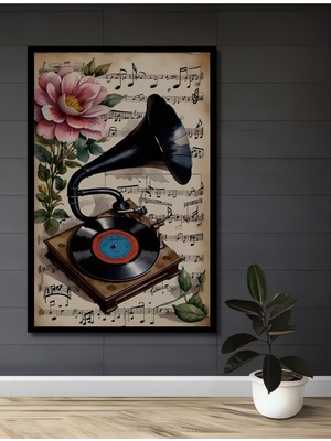 Teona Ahşap Çerçeve Görünümlü Retro Gramofon Gül Ahşap Mdf Dekoratif Ev Duvar Tablo Dikdörtgen Ev Duvar Tablo