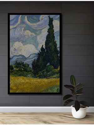 Teona Ahşap Çerçeve Görünümlü Van Gogh Selvi ve Buğday Tarlası Ahşap Mdf Dekoratif Tablo Dikdörtgen Tablo