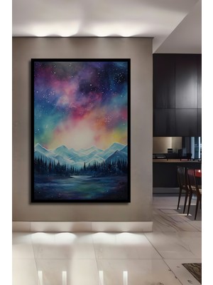 Teona Ahşap Çerçeve Görünümlü Kuzey Işıkları Dağ Manzarası Ahşap Mdf Dekoratif Tablo Dikdörtgen Tablo