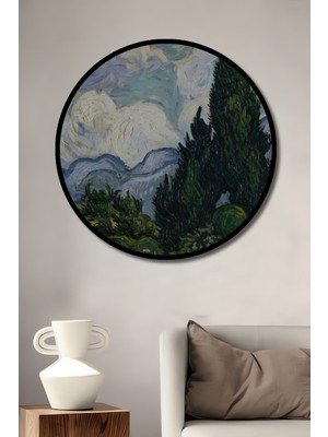 Teona Ahşap Çerçeve Görünümlü Van Gogh Selvi ve Buğday Tarlası Ahşap Mdf Dekoratif Tablo Yuvarlak Tablo