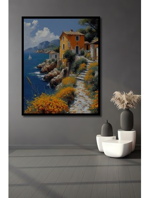 Teona Ahşap Çerçeve Görünümlü Akdeniz Kıyısı Dekoratif Ahşap Mdf Ev Duvar Tablo Dikdörtgen Ev Duvar Tablo