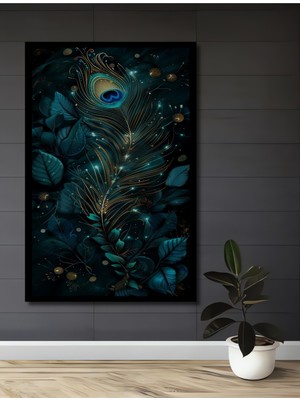 Teona Ahşap Çerçeve Görünümlü Tavus Kuşu Tüyü Dekoratif Ahşap Mdf Ev Duvar Tablo Dikdörtgen Ev Duvar Tablo