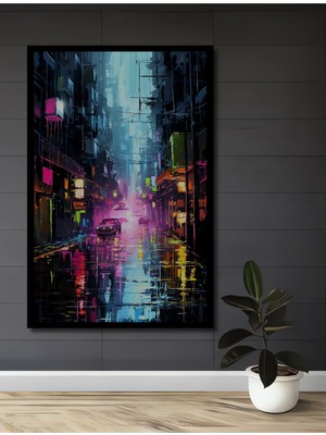 Teona Ahşap Çerçeve Görünümlü Neon Şehir Yağmur Ahşap Mdf Dekoratif Ev Duvar Tablo Dikdörtgen Ev Duvar Tablo