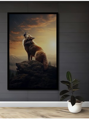 Teona Ahşap Çerçeve Görünümlü Uluyan Kurt Ahşap Mdf Dekoratif Ev Duvar Tablo Dikdörtgen Ev Duvar Tablo