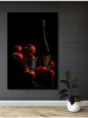 Teona Ahşap Çerçeve Görünümlü Şarap ve Elma Ahşap Mdf Dekoratif Ev Duvar Tablo Dikdörtgen Ev Duvar Tablo