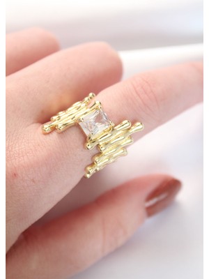 Evyora Gold Renk Tırtıklı Kalın Baget Taş Tasarım Ayarlanabilir Yüzük