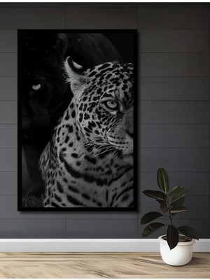 Teona Ahşap Çerçeve Görünümlü Leopar Siyah Panter Ahşap Mdf Dekoratif Ev Duvar Tablo Dikdörtgen Ev Duvar Tablo