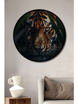 Teona Ahşap Çerçeve Görünümlü Gızemlı Kaplan Dekoratif Ahşap Mdf Ev Duvar Tablo Yuvarlak Ev Duvar Tablo