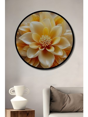 Teona Ahşap Çerçeve Görünümlü Altın Çiçek Zarafeti Dekoratif Ahşap Mdf Ev Duvar Tablo Yuvarlak Ev Duvar Tablo