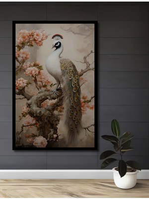 Teona Ahşap Çerçeve Görünümlü Görkemli Tavus Kuşu Dekoratif Ahşap Mdf Ev Duvar Tablo Dikdörtgen Ev Duvar Tablo