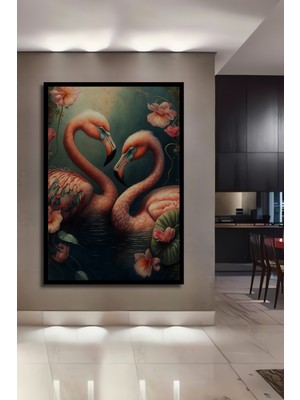 Teona Ahşap Çerçeve Görünümlü Flamingo Aşkı Ahşap Mdf Dekoratif Ev Duvar Tablo Dikdörtgen Ev Duvar Tablo