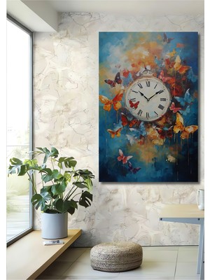 Teona Ahşap Renkli Kelebekler ve Saat Dekoratif Ahşap Mdf Işyeri Duvar Tablo Dikdörtgen Işyeri Duvar Tablo