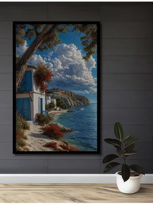 Teona Ahşap Çerçeve Görünümlü Deniz Kenarında Beyaz Evler Ahşap Mdf Dekoratif Tablo Dikdörtgen Tablo