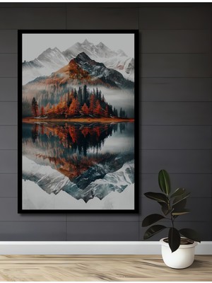 Teona Ahşap Çerçeve Görünümlü Dağ Yansımaları Dekoratif Ahşap Mdf Ev Duvar Tablo Dikdörtgen Ev Duvar Tablo